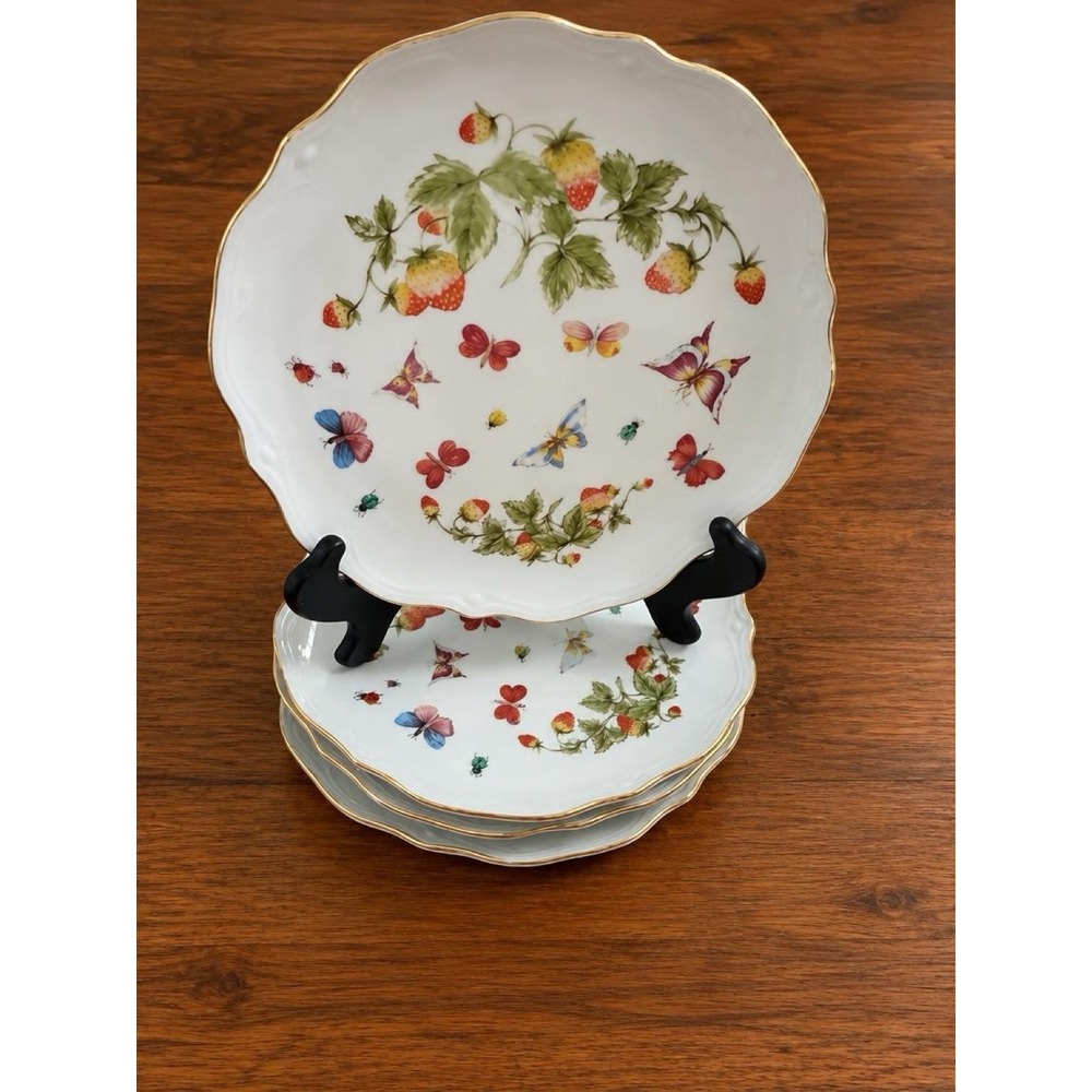 Lenwile Ardalt Spring Time Strawberry Butterfly Gold Trim Plates 6394 Set of 4
